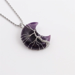 Silver tree of life wire wrapped amethyst moon pendant necklace on twisted chain