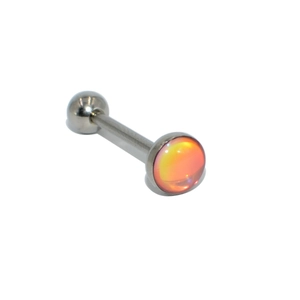 Stainless steel tongue ring with orange-red gradient opal stone on a white background
