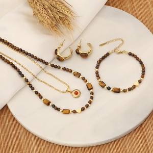 Retro Tiger Eye Stone Necklace Handmade Beaded Heart Pendant Stainless Steel Copper Jewelry Set For Women Red Gemstone