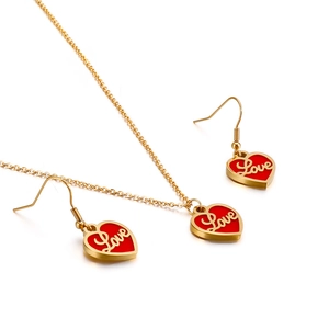 Collier Et Boucles D'oreilles Coeur En Acier Inoxydable Émail Rouge Pendentif Lettre Love Bijoux Mode Pour Femmes