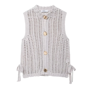 Gilet In Maglia Grossa Da Donna Senza Maniche Girocollo Bottoni Dorati Fiocco Laterale Casual Retrò Tinta Unita Poliestere