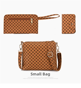 Three-piece brown crossbody set with geometric print, zip closure and gold hardware