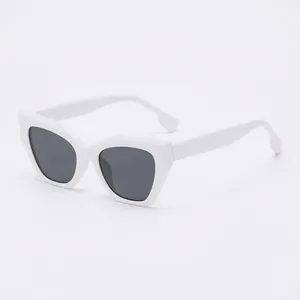 Retro small frame cat eye sunglasses with white acetate frame and dark grey polarized lenses