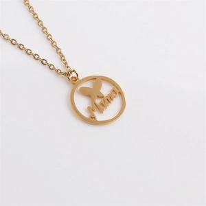 Golden titanium steel necklace with a round cutout Mama pendant and butterfly charm