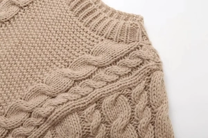 Detailed close-up of crew neck and cable knit texture on beige knit sweater