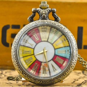 Vintage bronze pocket watch with colorful Roman dial and intricate floral engraving