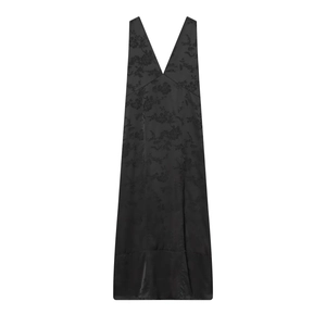 Robe midi élégante en jacquard noir sans manches avec col en V et motifs floraux