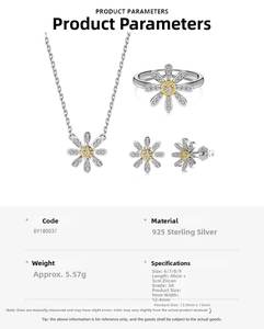 Detailed close-up of S925 sterling silver daisy jewelry set with 5A grade cubic zirconia