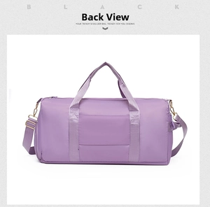 Detail view of the purple gym bag showing the convenient luggage sleeve for travel ease