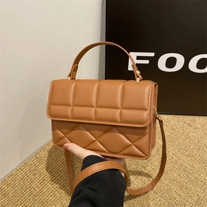 Women Quilted Rhombus Handbag PU Leather Small Square Crossbody Bag With Top Handle Golden Hardware Trendy Versatile