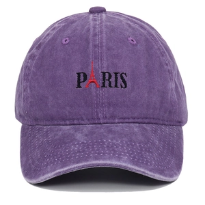 Purple washed cotton baseball cap with black Paris embroidery and Eiffel Tower icon