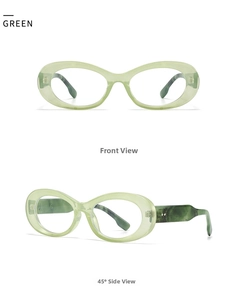 Detail view of oval green glasses featuring dark green marble texture on temples