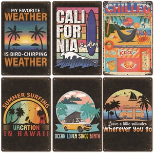 Set of 6 vintage metal surf signs featuring summer beach designs and retro typography