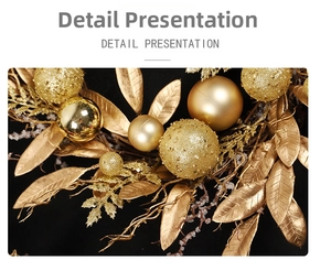 Close-up of golden Christmas wreath featuring polished, matte, and glitter ornaments