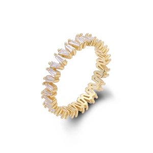 Detail view of a gold eternity ring featuring baguette-cut zircon stones on white background