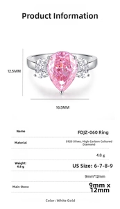 Detailed size specifications for the S925 silver ring featuring a pink pear-cut stone