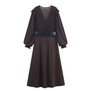 Elegant deep coffee V-neck long sleeve dress with lantern sleeves and black leather belt