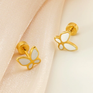 Boucles d'oreilles papillon 18K avec incrustation en émail blanc et fermoir à vis