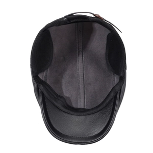 Men's winter leather baseball cap with warm grey fleece lining and adjustable metal buckle