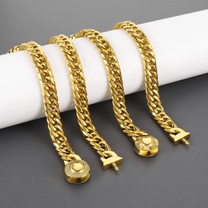 Golden 11mm Cuban link necklaces with diamond-set CNC buckles in a professional set