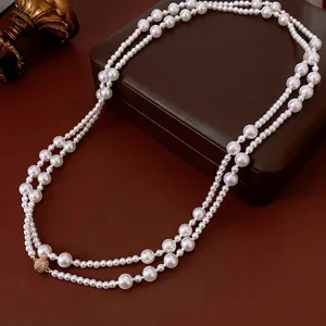 Collier double rang en perles vintage français avec fermoir magnétique boule dorée