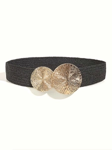 Women Woven Corset Belt Dual Gold Round Buckle Elastic Wide Waistband For Dresses Boho Elegant Fashion Accessory
