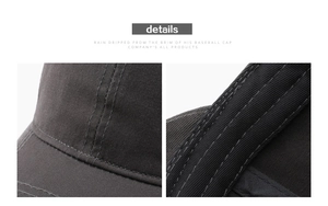Close-up of dark grey cotton twill fabric with reinforced stitching on the baseball cap