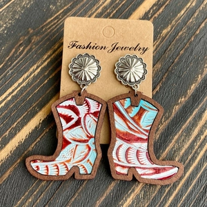 Western cowboy boot earrings featuring leopard print leather and wooden texture details