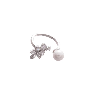 Elegant adjustable silver ring with pearl and marquise zircon floral bow design