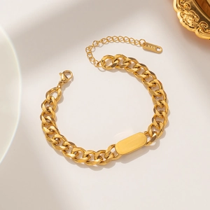 Bracciale a catena cubana dorata regolabile con targhetta incidibile e marchio K18