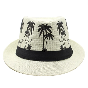 Straw fedora hat with black palm tree pattern and elegant decorative band for sun protection