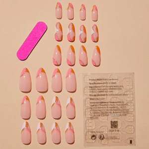 French press-on nails with glitter lines, 24-piece set including glue and nail file
