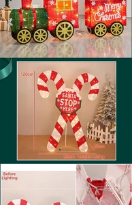 Detail of LED Christmas train and Santa sign with precise size and weight measurements
