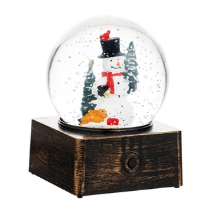 Boule à neige de Noël avec bonhomme de neige et sapin sur socle carré vintage bronze