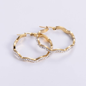 Elegant gold plated wavy hoop earrings with sparkling rhinestones for women