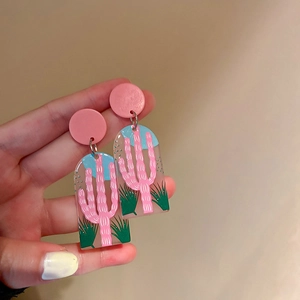 Boucles d'oreilles géométriques tulipe pastel avec cactus rose et motif plante