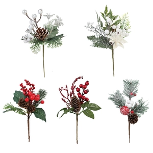 Artificial Christmas picks with pine cones, red berries and snow-covered needles set