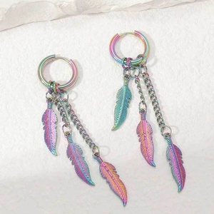 Rainbow stainless steel feather drop earrings with chains on white stone background