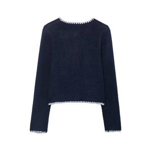 Women's navy blue knitted cardigan with contrasting white stitch embroidery details