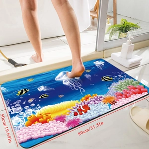 Detail showing 50x80cm absorbent bath mat with ocean world fish and coral reef print