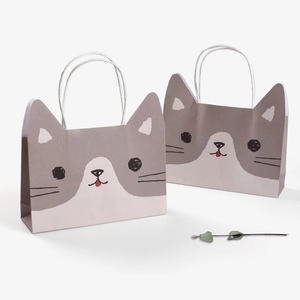 Cute cartoon gray cat paper gift bag with white rope handles for graduation party