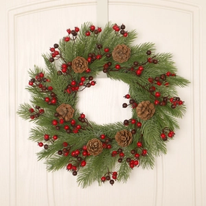 Christmas Wreath With PE Pine Needles Natural Pine Cones And Red Black Berries Festive Door Wall Hanging Decoration
