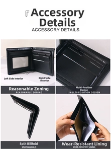 Close-up of black bifold leather wallet showing multi-card slots and inner compartments