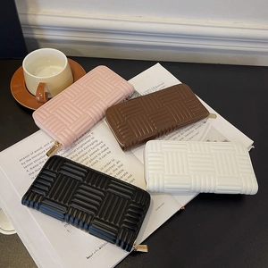 Multifunctional long zipper wallets in pink, brown, black, and white with woven texture