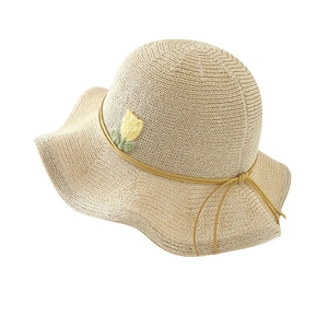 Beige straw sun hat with wide wavy brim and yellow tulip floral embroidery for summer