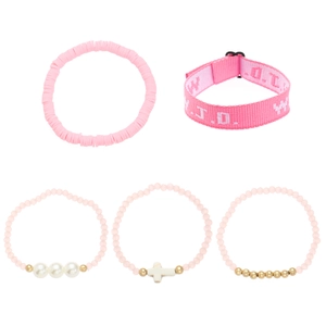 Set of 5 pink WWJD beaded bracelets with cross charms, turquoise and pearls for women