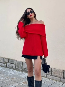Pull en maille rouge à épaules dénudées pour femmes avec manches longues décontractées