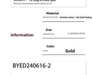 Size and weight specifications for gold heart earrings in stainless steel and 18K plating