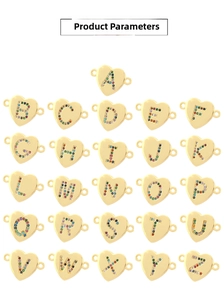 Detailed grid of 18K gold plated heart charms featuring A-Z micro-set colorful zircons