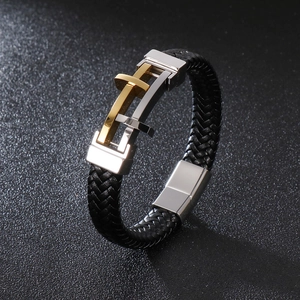 Braided leather men's bracelet with stainless steel cross magnetic clasp in gold and silver